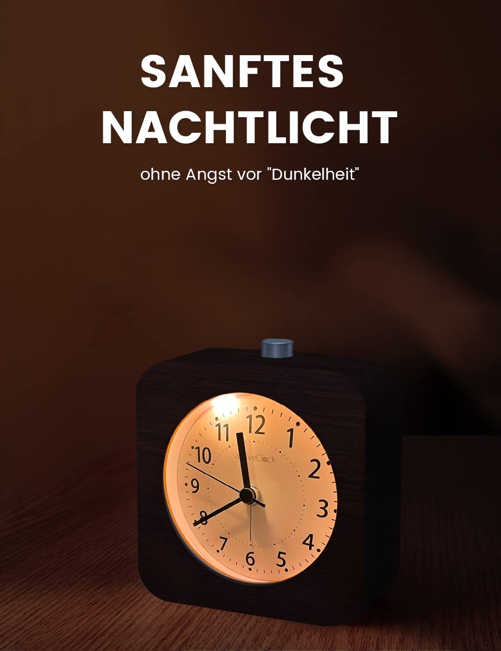 aboveClock Analog Alarm Clock Without Ticking, Wood Alarm Clock with Snooze, Retro Nightstand Clock with Night Light, Battery Operated Analog Table Clock 【1×AA Battery Required】- Natural Wood in Brown
