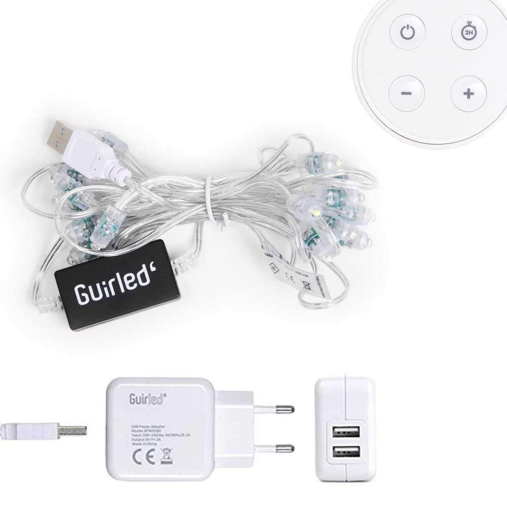 GuirLED - LED cotton ball string lights USB - Wireless remote control - Baby night light 2h - Dual USB 2A power adapter included - 4 intensities - 16 balls 1.6m - Midnight
