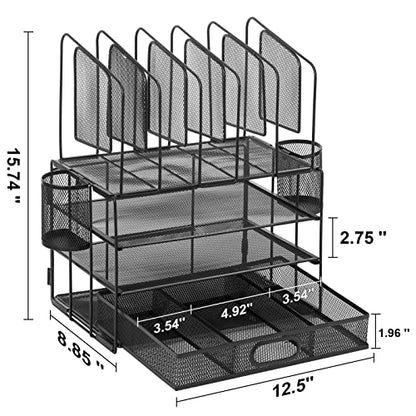 Restorgan Mesh Desk Organizers, Desk Organizer with drawer, 4-tier Mesh Desk Organizer with 5 vertical file holders and 2 pen holders.