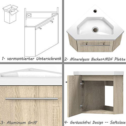 Aica bathroom corner washbasin 40 cm pre-assembled corner cabinet Washbasin with base cabinet Small washbasin furniture Oak