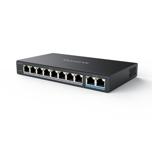 Reolink 8-port PoE switch with 2 gigabit uplink ports, up to 120W total power for all PoE ports, network switch ideal for NVR and PoE IP cameras, IEEE802.3af/at, unmanaged, RLA-PS1.