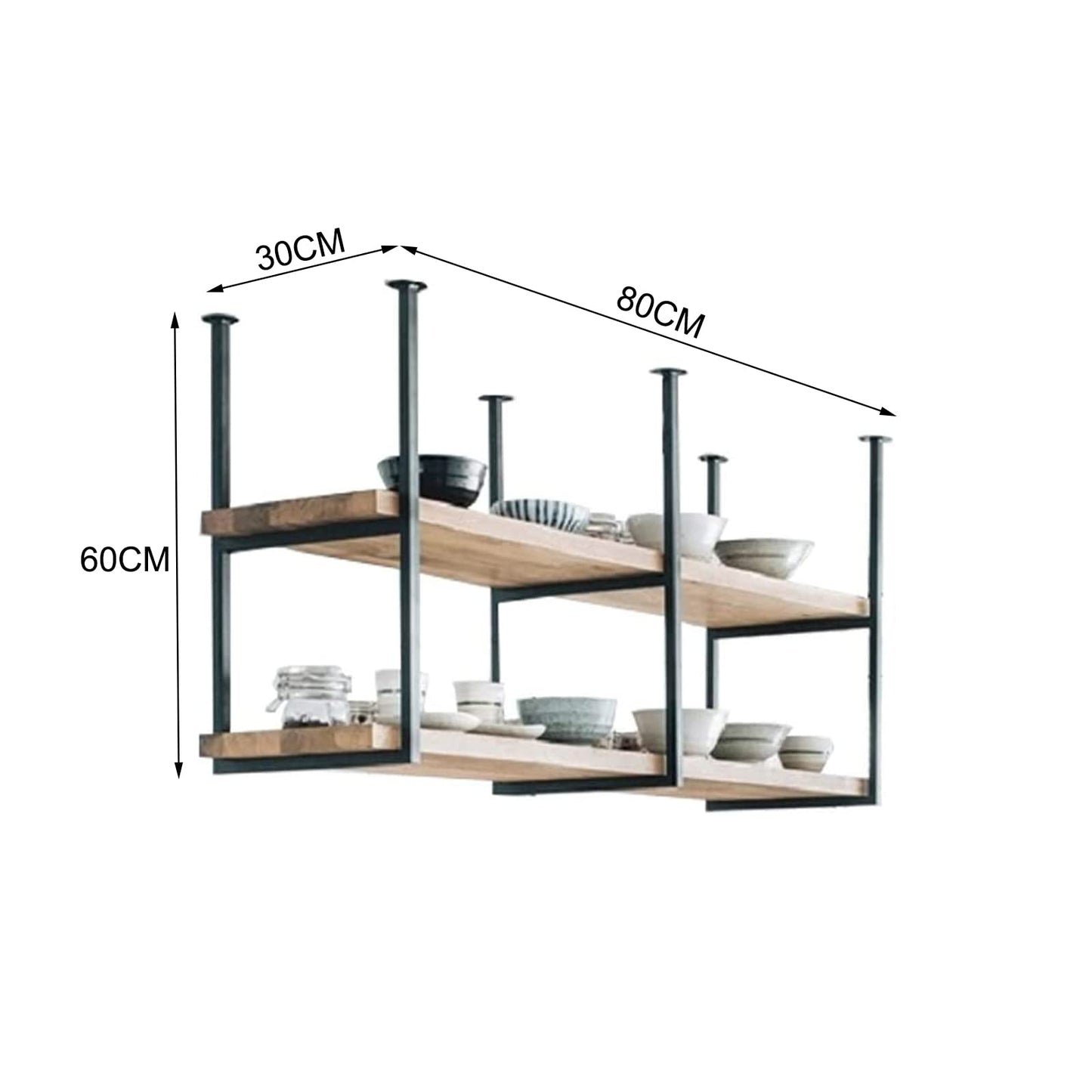 DSVONAUS Retro Industrial LOFT Restaurant Iron Solid Wood Ceiling Shelf, 2 Tier Shelves Rack/Bar Hanging Decoration Storage Shelf (80×30×60cm)