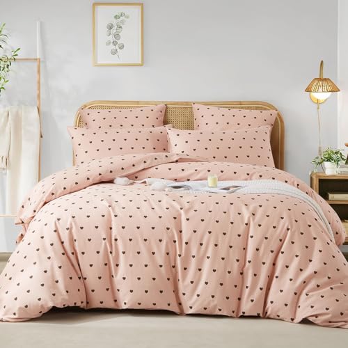 Nyescasa bedding 135x200 pink heart pattern 100% cotton girls children's heart bedding set with zipper, 1 duvet cover 135x200 and 1 pillowcase 80x80 cm