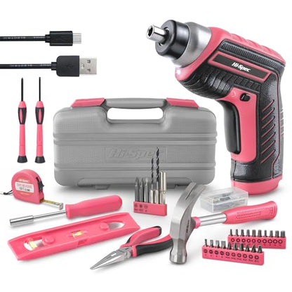 Hi-Spec 35-piece pink home DIY tool set with rechargeable USB drill. Ideal for repairs and maintenance in a convenient tool box - perfect for women and girls.