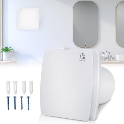 Gimisgu bathroom fan with humidity sensor. Quiet 150mm exhaust fan with timer and backdraft damper. Wall-mounted fan for kitchen, toilet, and bathroom. White color.