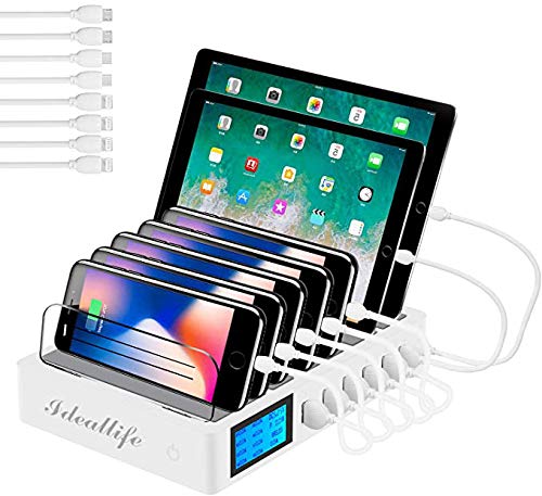 Charging station for multiple devices with 7 ports. Includes 7 short cables. Multi-device charging dock, 70W QC3.0 desktop station compatible with iPhone, iPad, Samsung, and other smartphones.