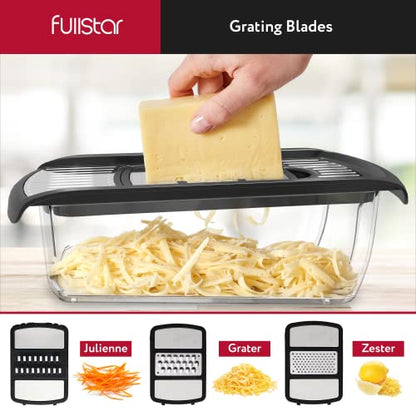 Fullstar vegetable slicer for kitchen, cheese grater, vegetable spiralizer, and vegetable slicer for cooking and meal prep. Includes kitchen tools, organizer, and safety glove.