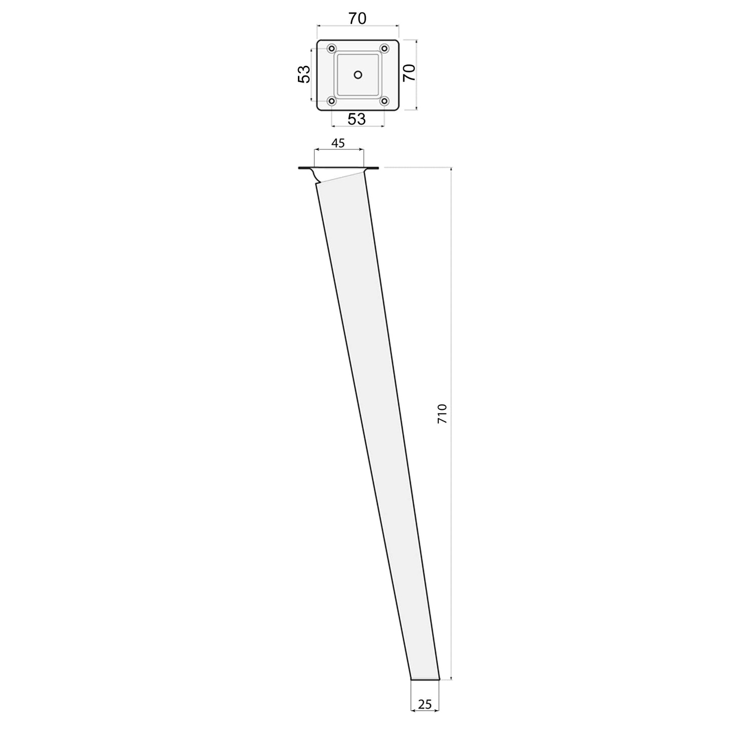 Sossai solid oak table legs with oil finish, Clif Square HMF4, 71 cm high, square, slanted design, for chairs, tables.