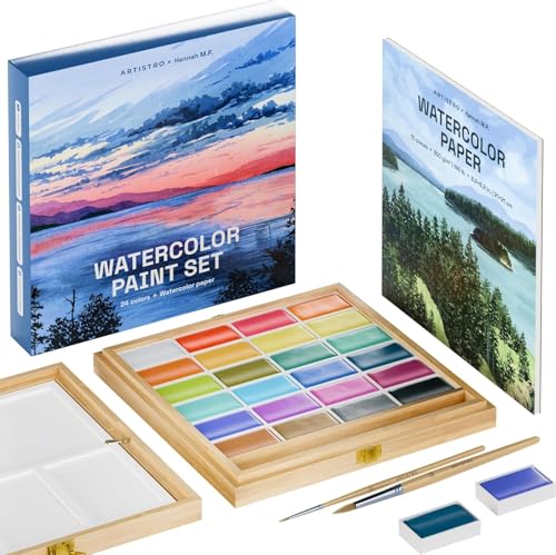 Artistro x HANNAH M.P Watercolor Paint Set, limited edition, 24 colors in bamboo wooden box (6 ml XL pans) - 2 brushes, watercolor paper, mixing palette - Travel watercolor set for beginners and professionals.