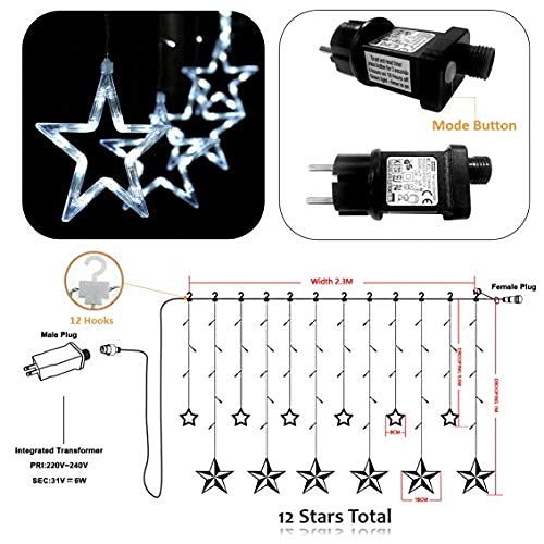 12 star LED string lights, curtain of lights, Christmas lights, star curtain with 138 LEDs, 8 modes for indoor and outdoor use, perfect for Christmas, parties, decorations, weddings, gardens, and balconies.