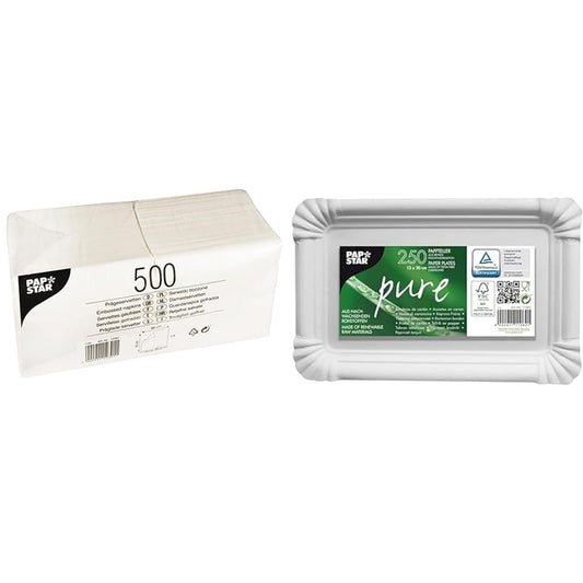 PAPSTAR napkins, 330 x 330 mm, 1-ply, white 12391 & 11062 250 plates, cardboard "Pure" square 13 x 20 cm, white