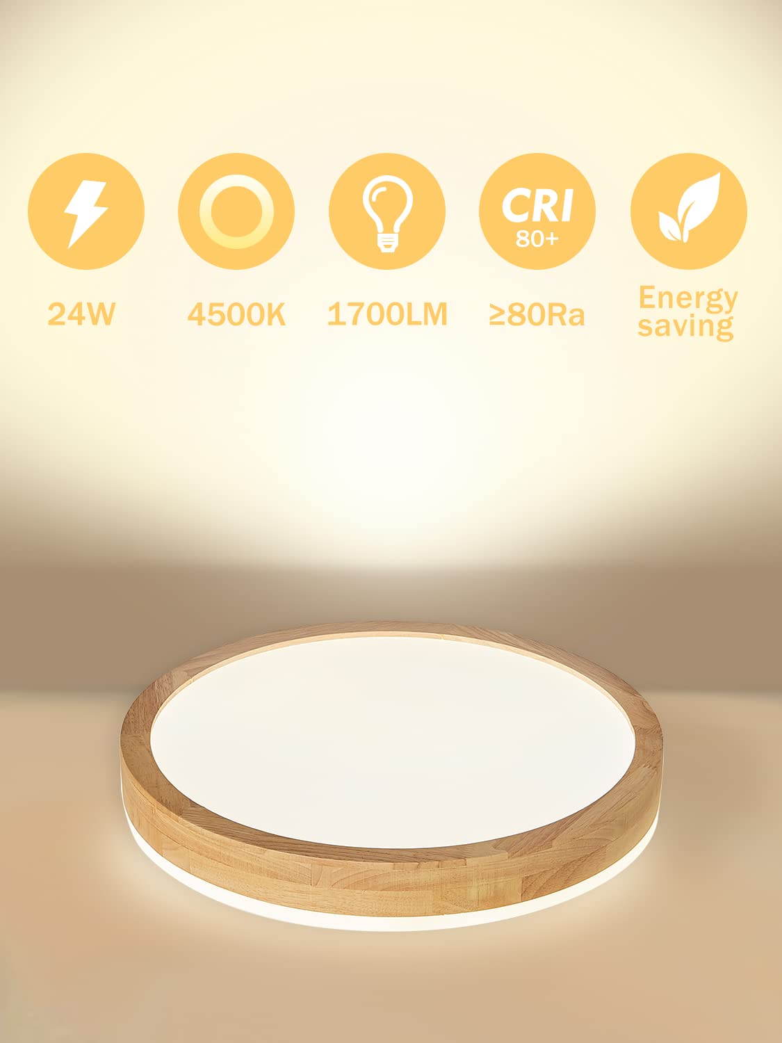 Bearolc LED Ceiling Light Wood, 360° Glow Φ30cm Ceiling Lamp Living Room, 24W 4500K Neutral White Ceiling Light Round Lamp for Bedroom/Office/Kitchen/Children's Room/Hallway/Balcony