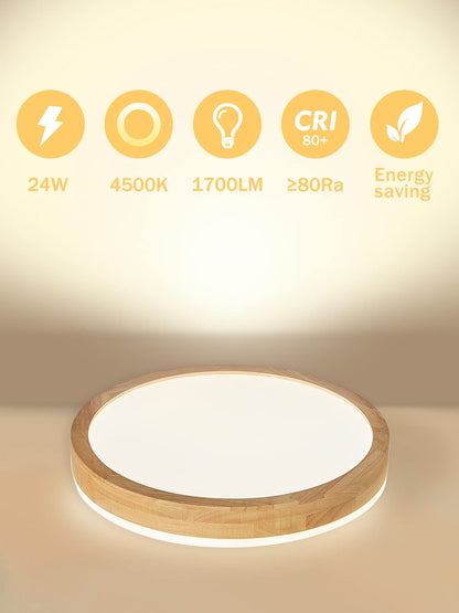 Bearolc LED Ceiling Light Wood, 360° Glow Φ30cm Ceiling Lamp Living Room, 24W 4500K Neutral White Ceiling Light Round Lamp for Bedroom/Office/Kitchen/Children's Room/Hallway/Balcony
