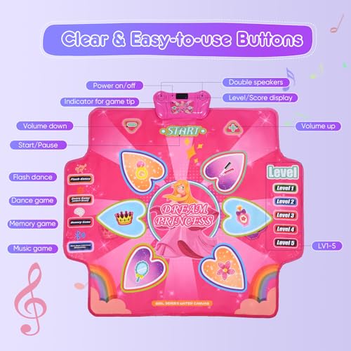Aomdom Kids Dance Mat, with 7 game modes, 6 LED heart-shaped buttons, musical dance mat with adjustable volume, for children aged 3-9 years.