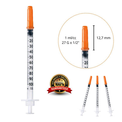 50 pieces 1 ml/cc plastic tube 27G (0.4 x 12.7mm), multipurpose measuring tools, individually packaged (27G 1/2").