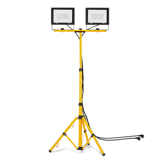 UISEBRT LED construction light 2 * 100W warm white with tripod construction spotlight incl. power cable LED floodlight work spotlight waterproof IP66 for garage, garden, construction site