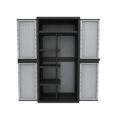 Kreher XXL plastic utility cabinet with a solid bottom, narrow shelves, and open compartment for bulky items. Features lockable doors. Dimensions WxDxH in cm: 89.7 x 53.7 x 180 cm.