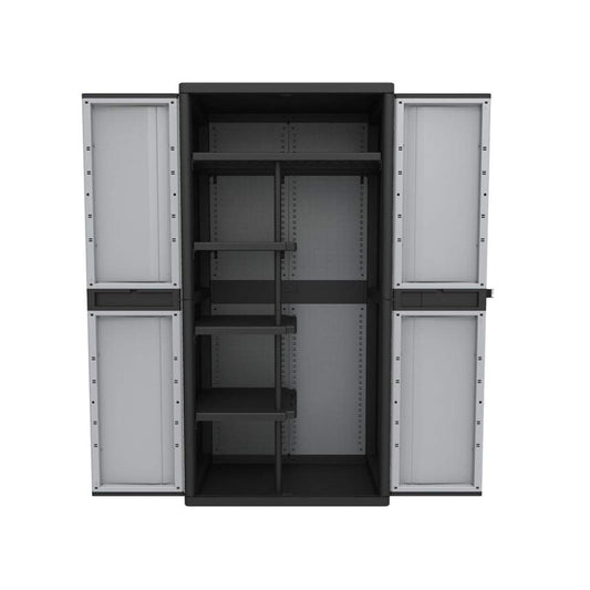 Kreher XXL plastic utility cabinet with a solid bottom, narrow shelves, and open compartment for bulky items. Features lockable doors. Dimensions WxDxH in cm: 89.7 x 53.7 x 180 cm.