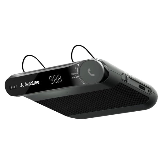 Avantree Roadtrip - Bluetooth handsfree car kit and wireless FM transmitter 2-in-1. Features 6W hands-free speakers, built-in microphone, and up to 22 hours of playtime.