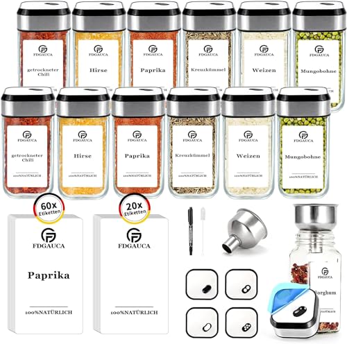 SIAZIH 12×120ml spice jars square, spice containers with snow white German labels, spice jars glass with rotatable spice hole lid, spice organizer for tidy storage of spices.