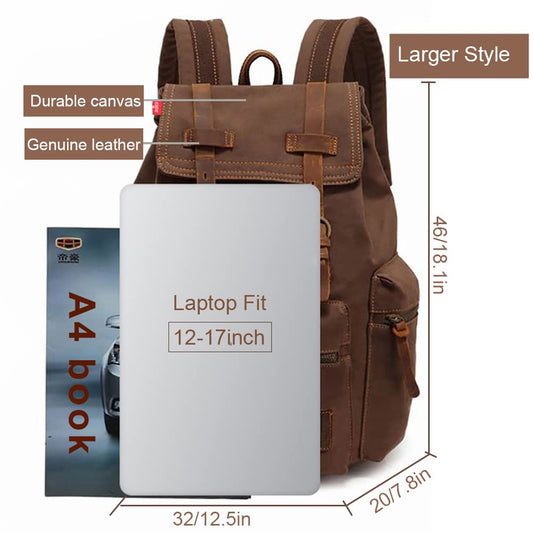 AUGUR Retro Canvas Backpack, Vintage Style Backpack for 15-17 Inch Laptop, School Backpack, Travel Bag, Leather Backpack, Waterproof (Large Coffee)