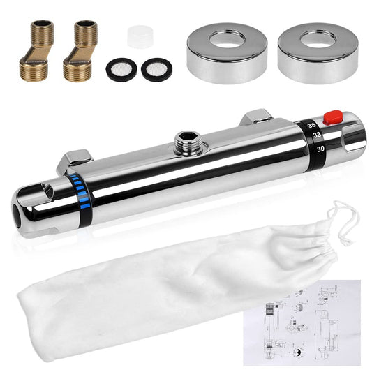 Thermostatic shower faucet with 38°C safety button, temperature control, wall-mounted, 1/2" shower thermostatic mixer tap for bathroom.