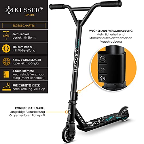 KESSER® Stunt Scooter X-Limit - 360° Steering Robust Fun Scooter with ABEC 9 bearings, 100mm PU wheels, Kick Scooter, Trick Roller for Kids Adults (Matte)