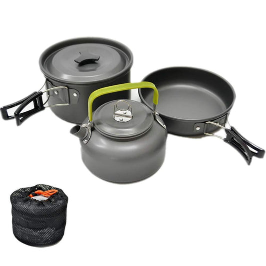 JZK Camping Cookware Set for 2-3 People, Foldable Camping Pot Set with Pot, Pan, and Teapot, Aluminum, for Outdoor Picnics, Camping, and Hiking.