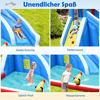 GOPLUS Inflatable Bounce House, Water Park with Slide/Climbing Wall/Basketball Hoop/Splash Pool, for Kids 4-12 Years, Kids Play Pool with Carrying Bag, 390x305x240cm (Shark, With Blower)