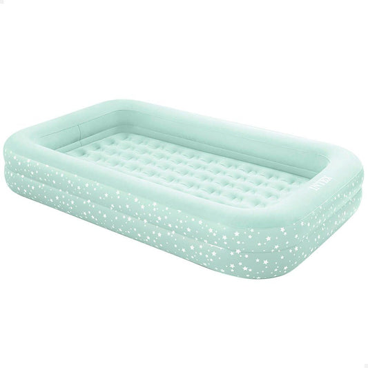 INTEX KidzTravel air mattress for children aged 3-6 years (71×132×10 cm) - Inflatable kids travel bed with built-in bumpers, including air pump. Mint green with star design.