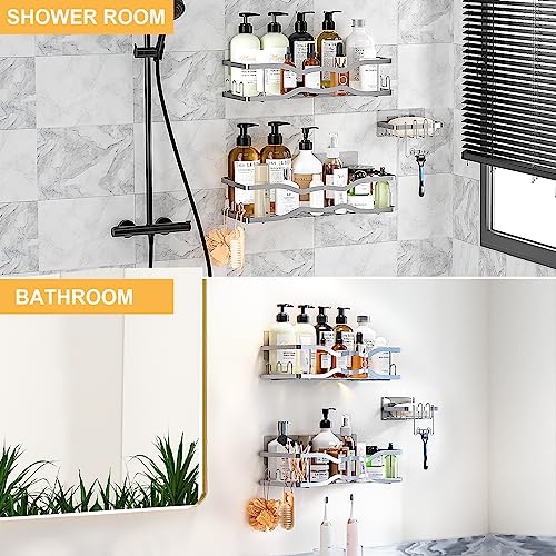 PNNP Shower Caddy without Drilling 3 pcs, Shower Shelf with 12 Hooks Soap Dish and Razor Holder, Bathroom Rack Stainless Steel for Shampoo and Shower Gel, Bath Rack Shower Caddy, Silver