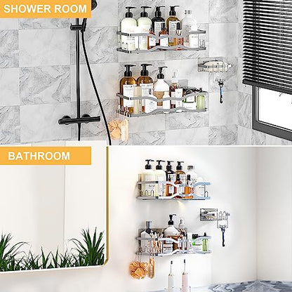 PNNP Shower Caddy without Drilling 3 pcs, Shower Shelf with 12 Hooks Soap Dish and Razor Holder, Bathroom Rack Stainless Steel for Shampoo and Shower Gel, Bath Rack Shower Caddy, Silver