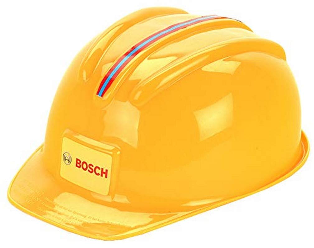 Theo Klein 8573 Bosch Tool Box with 7-Piece Tool Set, sturdy box with handle 30.25 x 14 x 17.25 cm & Bosch Craftsman Helmet in yellow, toy helmet in craftsman look 25.8 x 19.5 x 11 cm