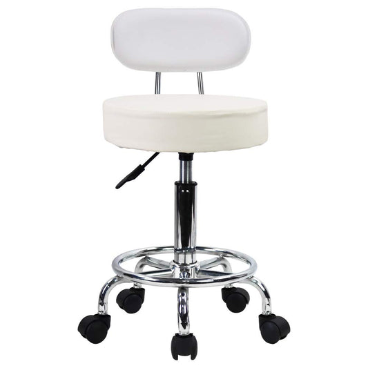 KKTONER Rolling Stool Office Chair, height adjustable, swivel stool with low backrest and footrest, made of white PU leather.