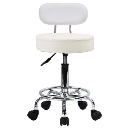 KKTONER Rolling Stool Office Chair, height adjustable, swivel stool with low backrest and footrest, made of white PU leather.
