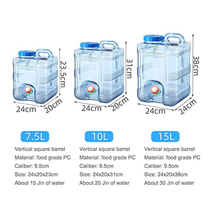 RUYI 10L water canister with tap and screw cap, camping water container BPA-free drinking water container, portable water tank with handle for RV picnic hiking, transparent blue
