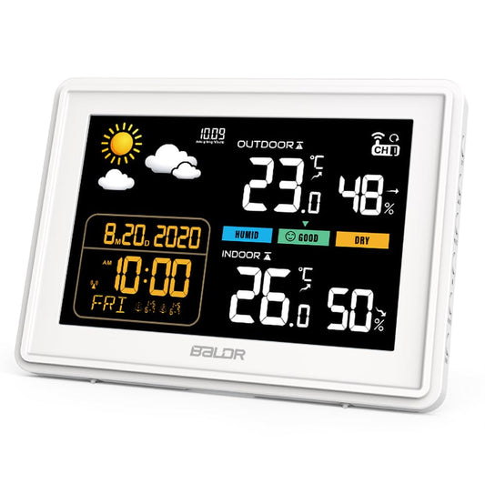 Consent weather station radio with external sensor DCF radio clock, color display with large numbers of indoor and outdoor temperature, permanent lighting, weather forecast, air pressure display