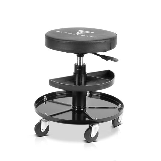 Steel factory workshop stool WRH-295 ST with 130 kg load capacity, height-adjustable workshop seat | Workshop chair | Rolling stool | Work stool | Swivel stool with smooth-running castors and storage trays.