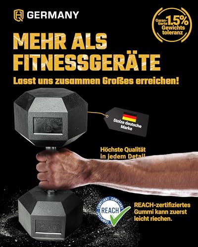 HQ Germany® Hexagon Dumbbells 22.5kg 2 pieces | Odorless, ±1.5% weight tolerance | 22.5kg dumbbell, 22.5kg dumbbell set, short dumbbell, 22.5kg dumbbell set, hexagon dumbbell set
