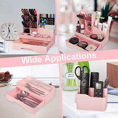 Desk organizer with drawer, 5-piece set, plastic, multifunctional, pen holder for kids, office, home, in pink color.