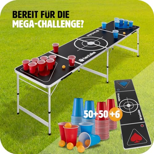 tectake® Beer Pong Table, includes 100 cups (50 red & 50 blue) and 6 balls, adjustable height, foldable table with carry handles, adult party games, drinking game