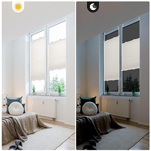 BelleMax Pleated Blind without drilling clamp fix, Beige 130x65cm (LxW), Easyfix translucent privacy and sun protection, blinds pleated roller with clamping bracket, folding blind for windows & doors.