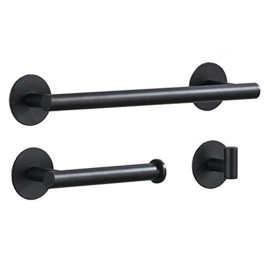 3-piece bathroom accessories set without drilling - matte black adhesive 30cm towel holder with toilet paper holder and towel hooks.