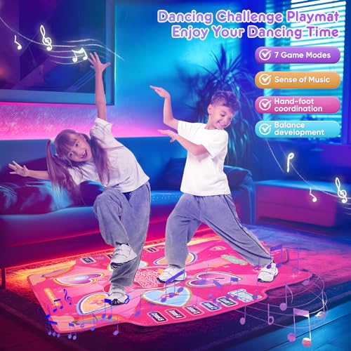Aomdom Kids Dance Mat, with 7 game modes, 6 LED heart-shaped buttons, musical dance mat with adjustable volume, for children aged 3-9 years.