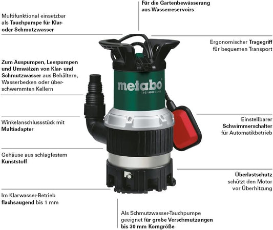 Metabo Combo Submersible Pump TPS 14000 S Combi - 0251400000 - Rated power input: 770 W - Max. Flow rate: 14000 l/h and max. Delivery head 8.5 m - Max. Immersion depth: 7 m - 245 x 179 x 360 mm
