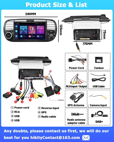 [2GB+64GB] Android 13 car stereo, CarPlay Android Auto Wireless, for FIAT 500 2007-2015 radio, 7" screen car radio, Bluetooth, GPS WiFi HiFi FM SWC USB, rearview camera