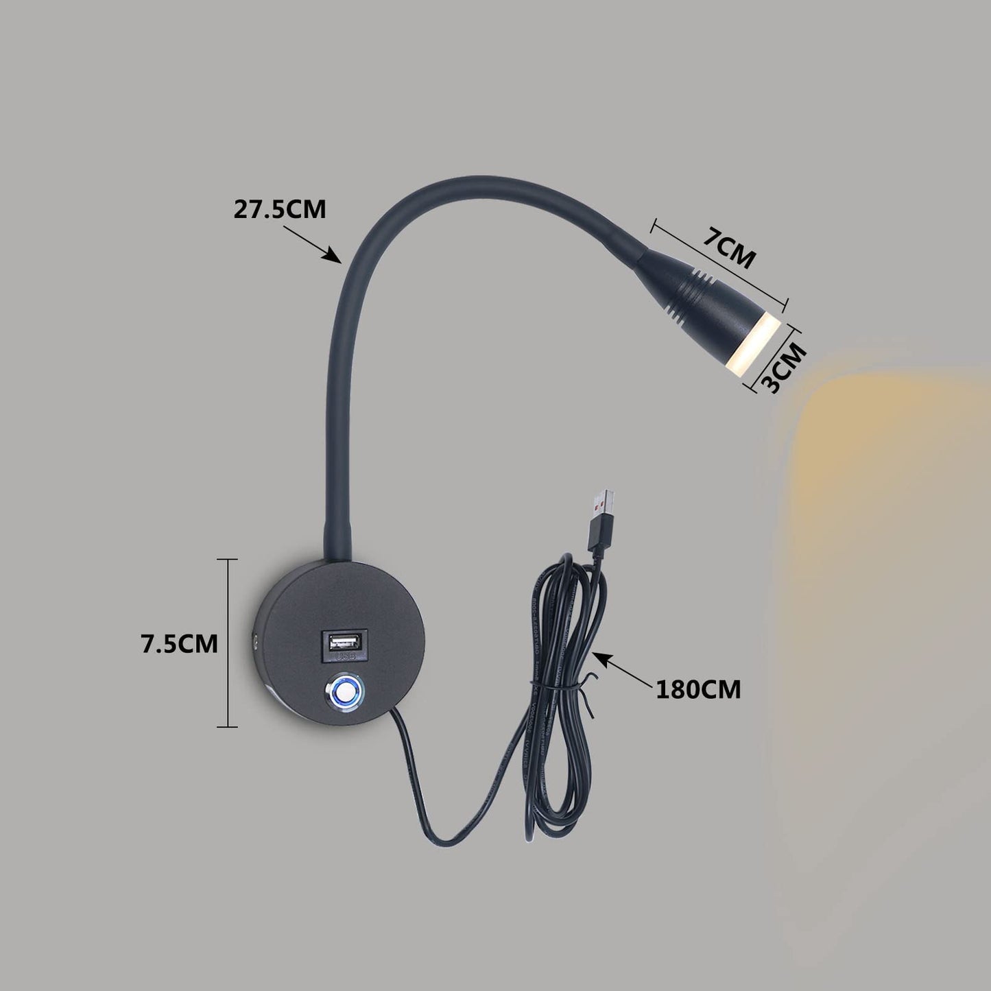 Bedside Reading Lamp Dimmable LED Wall Light with Touch Switch and USB Port, 3W Reading Light 360° Flexible Gooseneck Lamp Bedroom Bedside Lamp Bed Wall Mount Wall Light with EU Adapter