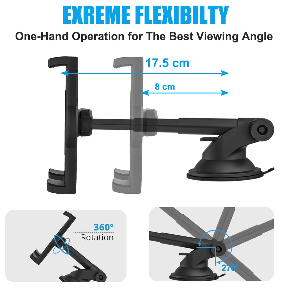 woleyi Tablet Holder for Car Dashboard, Car Tablet Phone Mount with Suction Cup Telescopic Arm for iPad Pro 9.7, 10.5, 11 / Air Mini 5 4 3 2, Galaxy Tabs, iPhone Series 4-11" Phones and Tablets