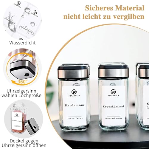 SIAZIH 12×120ml spice jars square, spice containers with snow white German labels, spice jars glass with rotatable spice hole lid, spice organizer for tidy storage of spices.