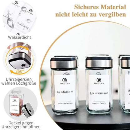 SIAZIH 12×120ml spice jars square, spice containers with snow white German labels, spice jars glass with rotatable spice hole lid, spice organizer for tidy storage of spices.